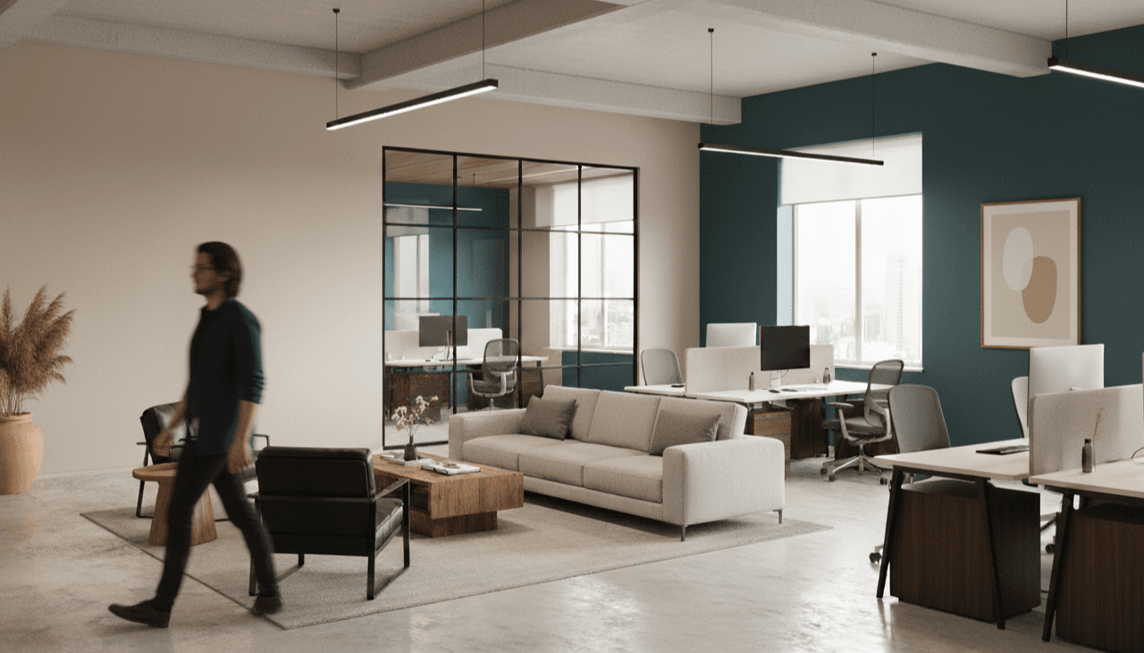 A warm modern office interior with seating, desks, and a person walking through the workspace.