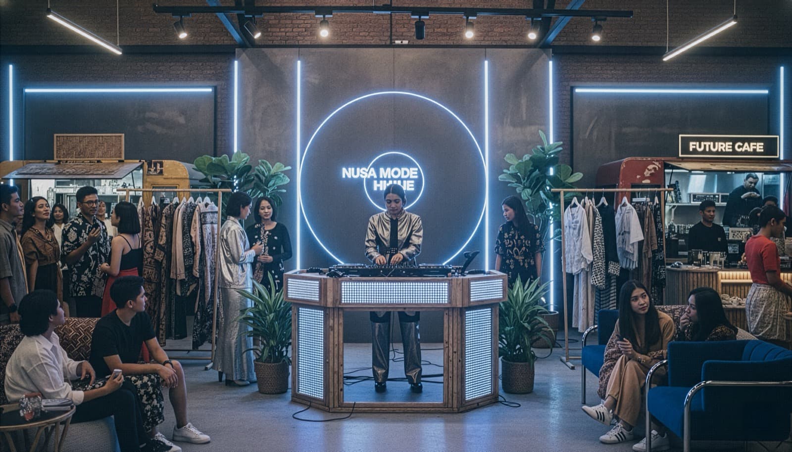 A fashion retail event blending clothing racks, cafe culture, and community gathering in one space.