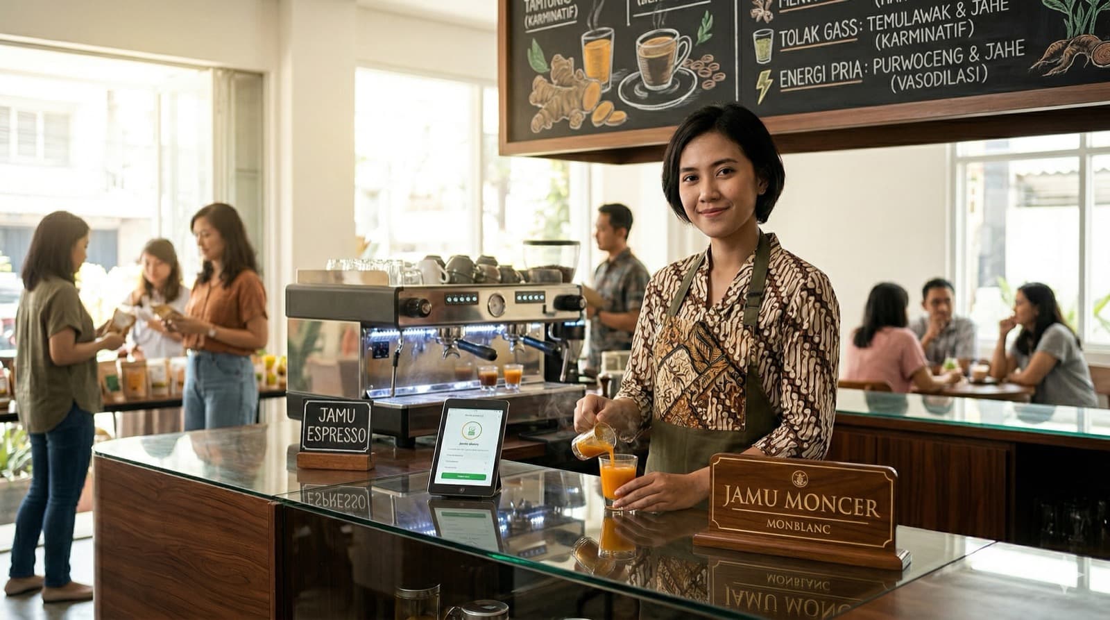 A jamu cafe barista serving herbal drinks in a bright, modern cafe.